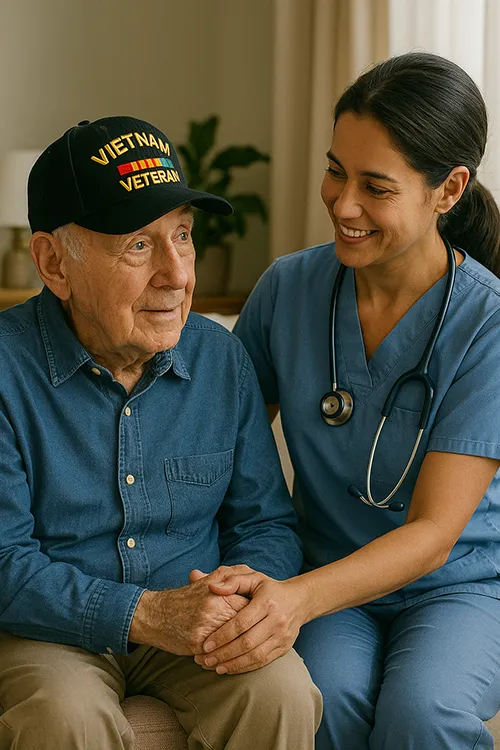 Veteran sitting with cargiver providing support